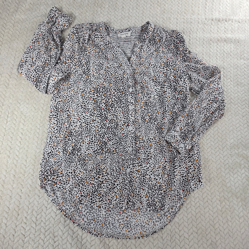 Beachlunchlounge Women Small White Pebble Print Smocked Button Front Blouse Boho